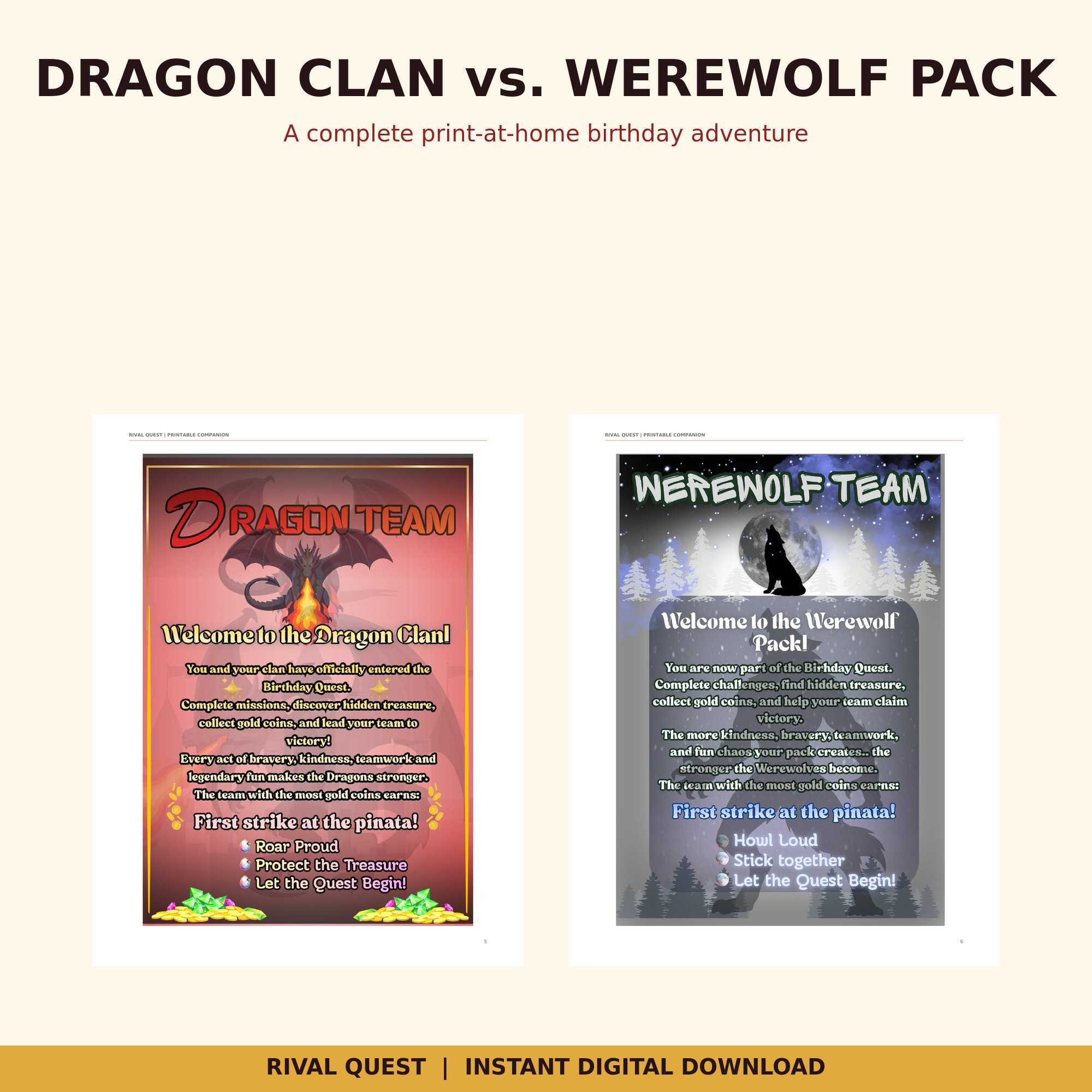Dragon Clan vs. Werewolf Pack printable party game cover preview