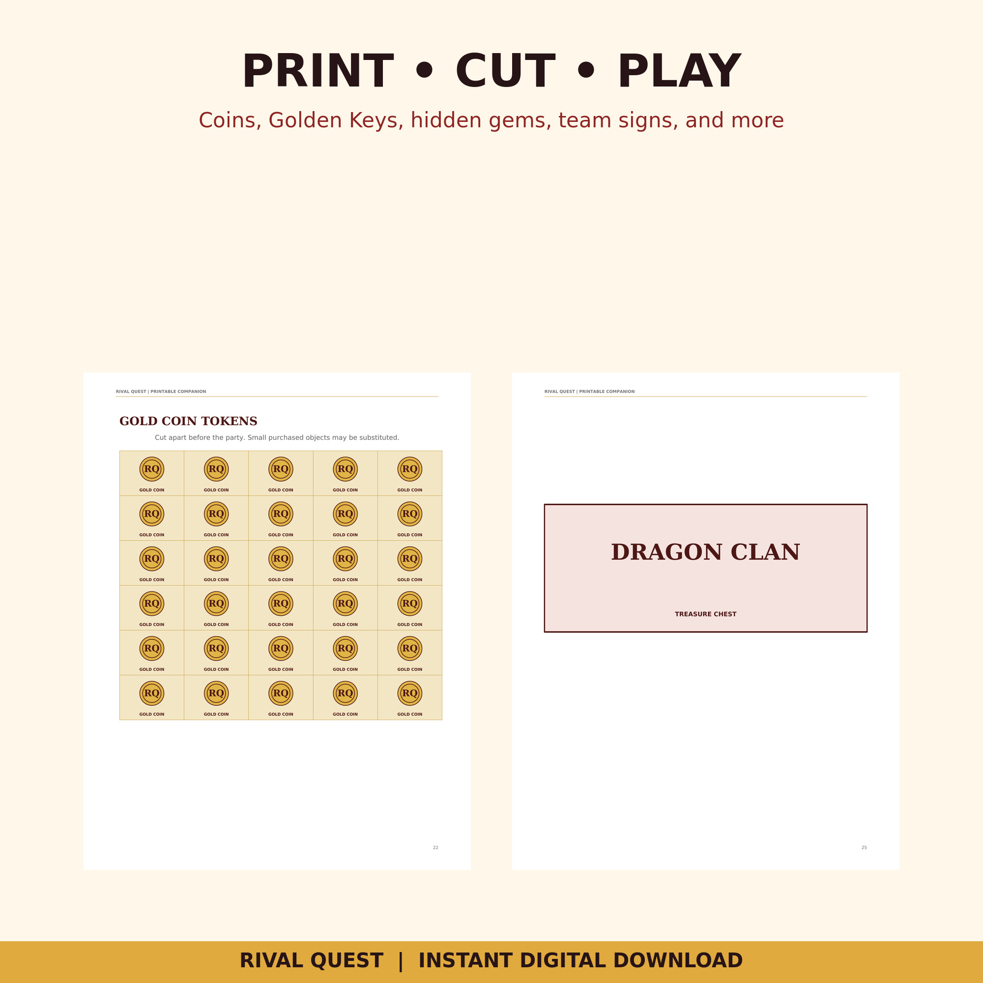 Rival Quest printable coins, keys, gems, and game pieces preview